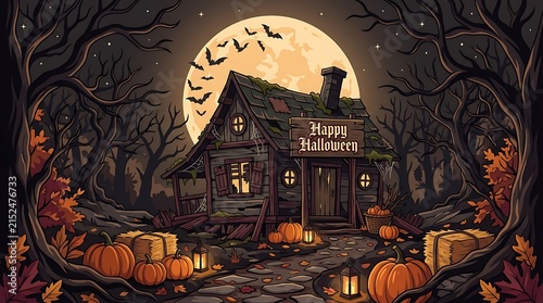 Spooky haunted house at night with glowing pumpkins and a large full moon in a dark forest