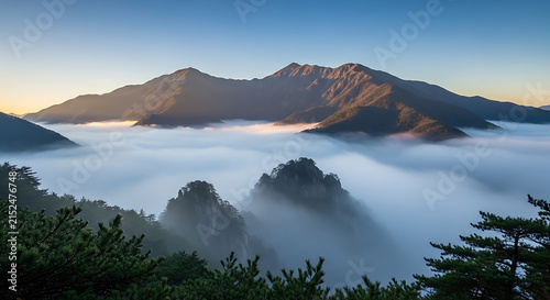Majestic mountain range emerging from swirling sea of clouds during golden hour sunrise
