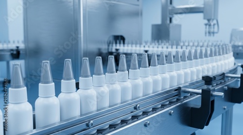 Pharmaceutical manufacturing line with rows of white plastic spray bottles for liquid medicine or cosmetics.