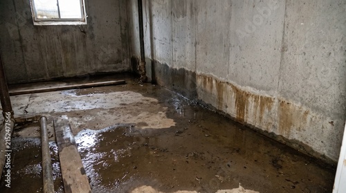 Water pooling along a basement wall and floor before an interior drainage system is installed.