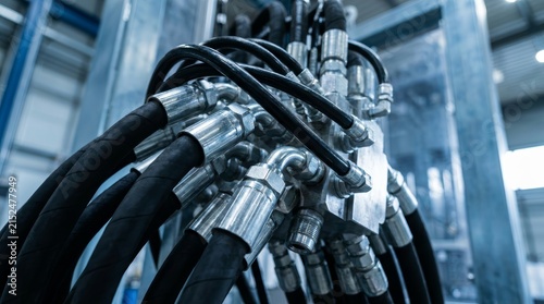 Multiple black hydraulic hoses and pneumatic pipes attached to industrial equipment.