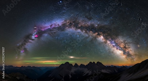 Milky Way arching over mountain peaks during twilight with aurora borealis