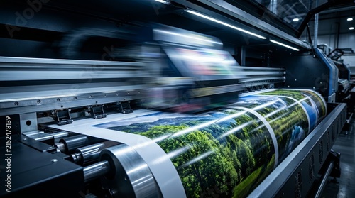 Motion blur of a print head during industrial multi-color inkjet printing process.