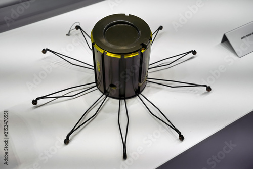Modern anti tank mine, disposed from man portable fired cargo rocket, on display at weapons and defense fair