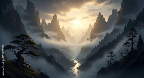 Misty mountain valley with river at sunrise amidst dramatic peaks and ancient pine tree