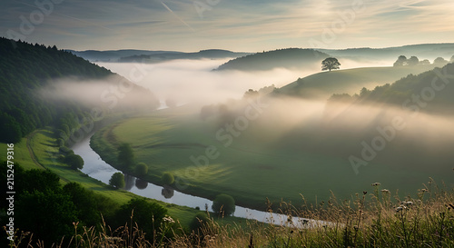 Misty river valley at sunrise with sunbeams breaking through rolling hills and a lone tree