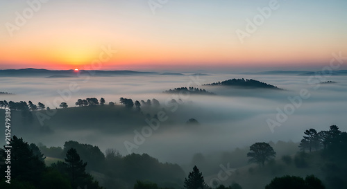 Misty sunrise over rolling hills with silhouetted trees and vibrant sky
