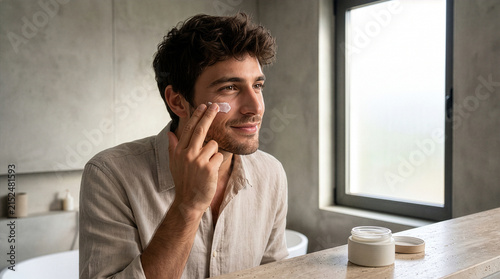 Young Italian Man Applying Face Moisturizer in Minimalist Luxury Bathroom