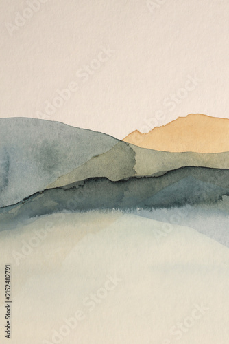 Art Smoke Watercolor Wave landscape painting wall. Abstract texture blue, beige gray color curve wet paper background.