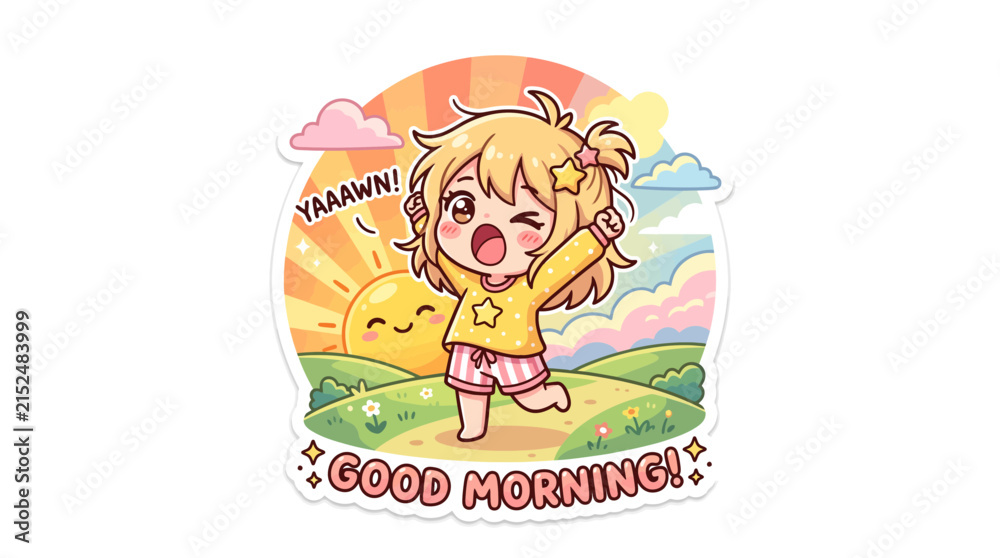 Fototapeta premium Cute Anime Girl Yawning, Stretching, Good Morning, Happy Chibi