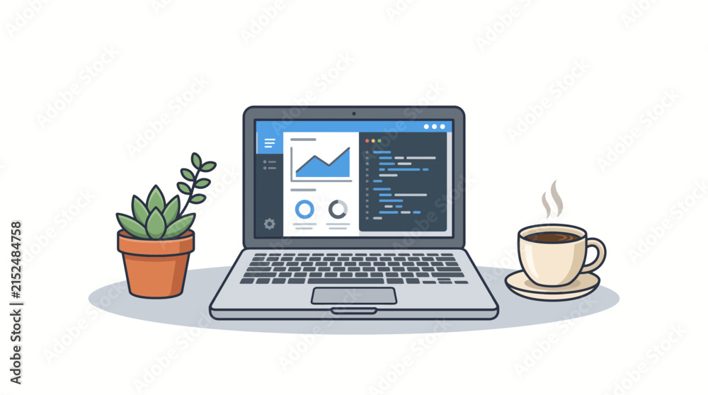 Fototapeta premium Flat laptop scene with potted plant and coffee enterprise computing