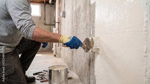 Applying waterproof masonry paint to a primed concrete basement wall as part of a damp repair project.