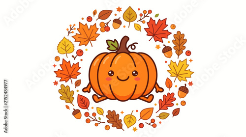 Cute cartoon pumpkin character surrounded by a colorful autumn leaf wreath, perfect for fall celebrations and decorations