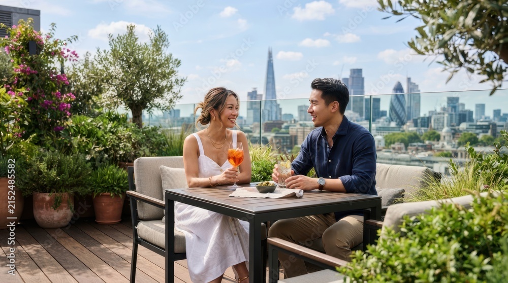 Fototapeta premium Couple enjoying drinks on a rooftop terrace with a city skyline view