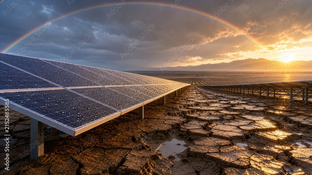 Obraz premium Solar panels on cracked dry ground with a rainbow and sunset after rain, concept of renewable energy, hope for the environment and fight against climate change