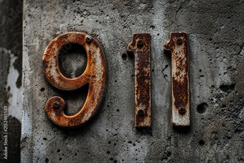 Rusty metal number 911 on a weathered concrete wall, concept of September 11 remembrance, tribute to victims and never forget memorial day