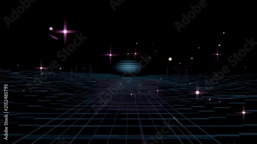 Starting neon grid scrolling evoking motion in digital plane, teal orb pulsing, particles drifting