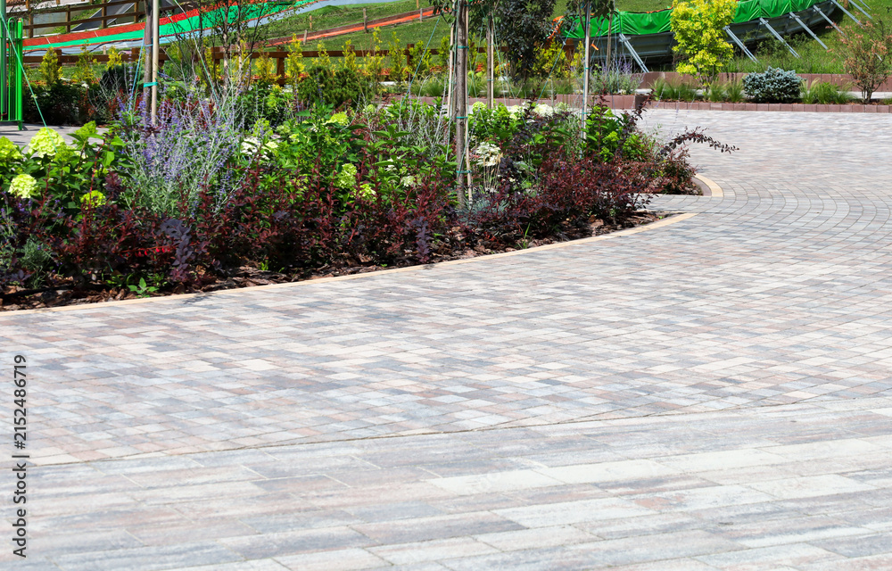 Fototapeta premium A wide paved pathway curves gently along a well-groomed flowerbed filled with colorful ornamental shrubs and flowers. Modern tile pavement and thoughtful landscape design create a cozy atmosphere for 