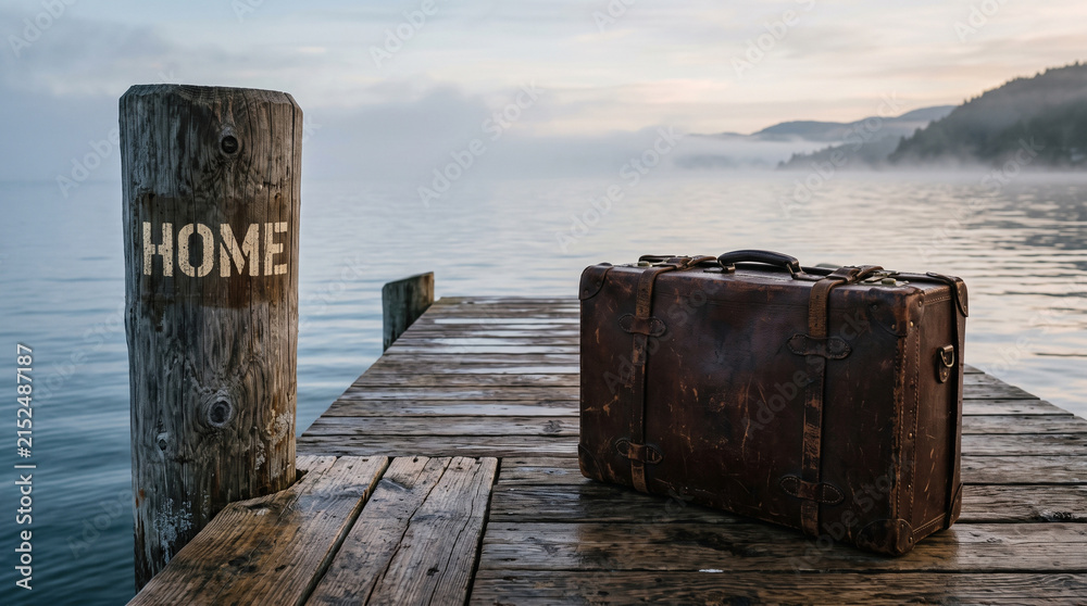 Obraz premium Vintage brown leather suitcase sitting alone upon a weathered wooden pier over misty calm water with displays classic leather suitcase resting rustic soft mist hovering