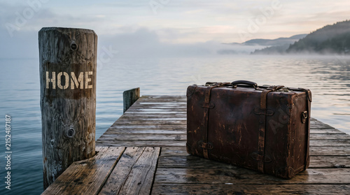 Vintage brown leather suitcase sitting alone upon a weathered wooden pier over misty calm water with displays classic leather suitcase resting rustic soft mist hovering