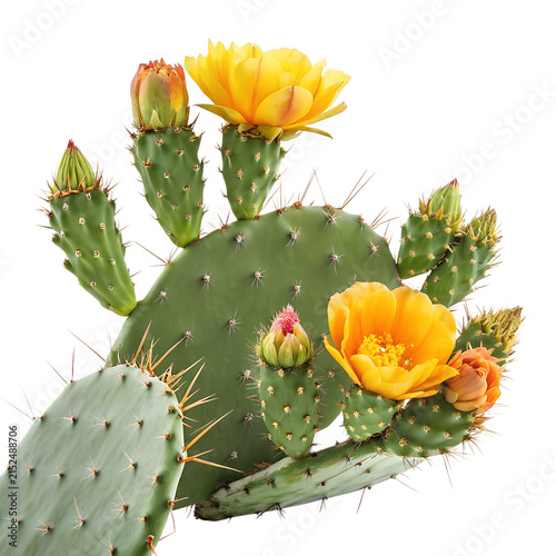 Blooming prickly pear cactus plant with bright yellow flowers isolated on transparent background
