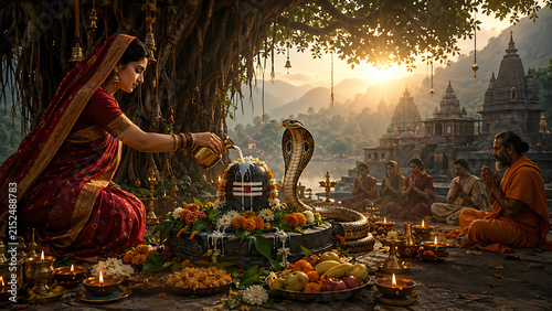 Devout woman offering fresh milk to a sacred shiv lingam and standing snake near a beautiful holy river during nag panchami celebration