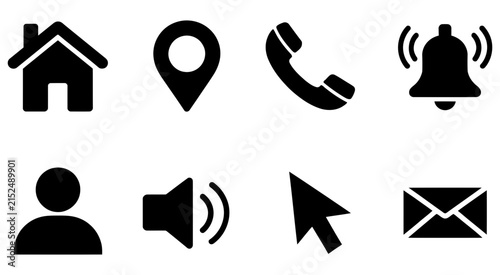 Home location phone notification user cursor email icon set for web and app interface design, communication, navigation, and digital services