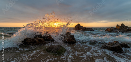 Sunset Ocean Seascape Tropical Water Splashing Inspirational Beautiful Nature Scenic Sunrise Rocks Header Banner