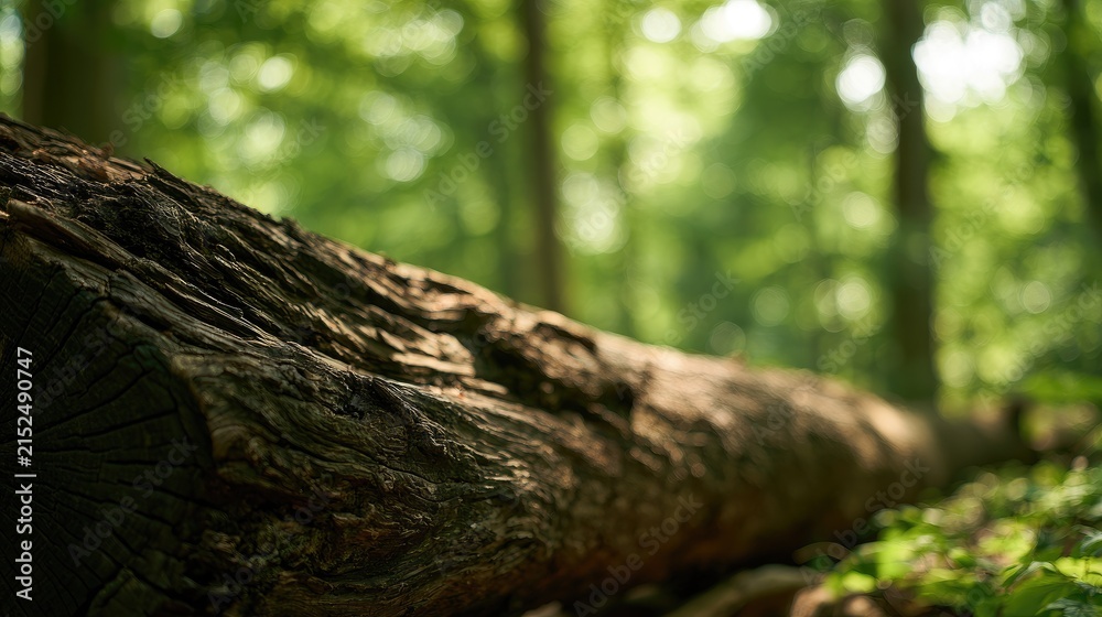 Fototapeta premium Sun-dappled fallen tree trunk rests in a lush, green forest