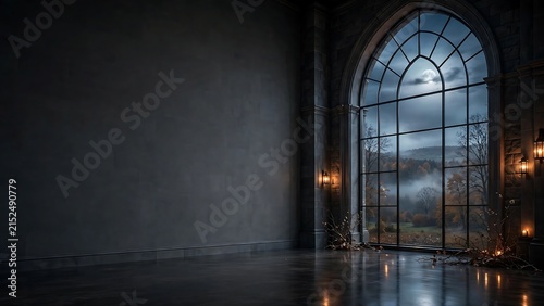 Dramatic gothic interior with large arched window and misty moonlit view