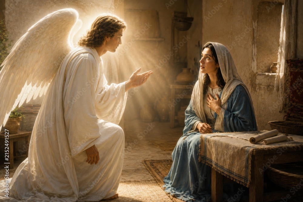 Obraz premium Angel appearing to Mary in a rustic room. Biblical scene depicting the Annunciation with a man as an angel and a woman as Mary. Christian religious art for church celebration.