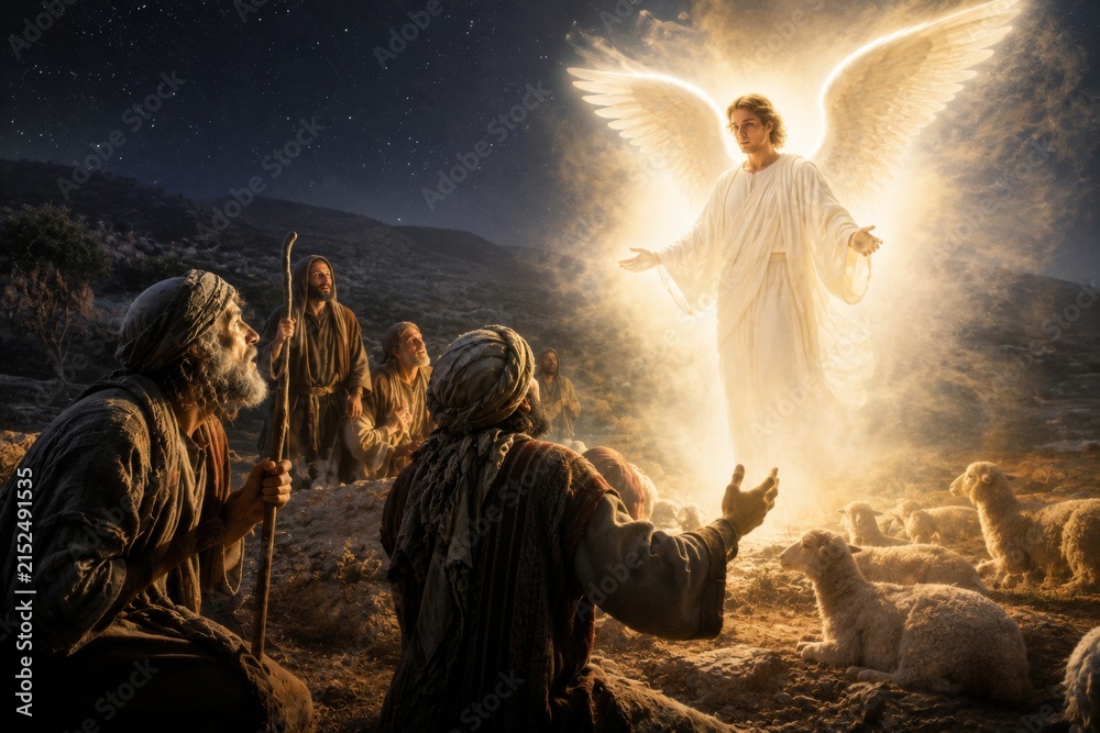 Obraz premium Angel appearing to shepherd in field at night. Glowing heavenly figure announcing birth of Christ. Biblical scene of nativity story. Religious faith and divine miracle concept.