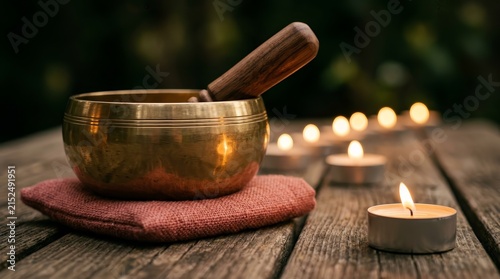 Brass singing bowl with a wooden striker resting near lit tea candles on a rustic wooden surface.