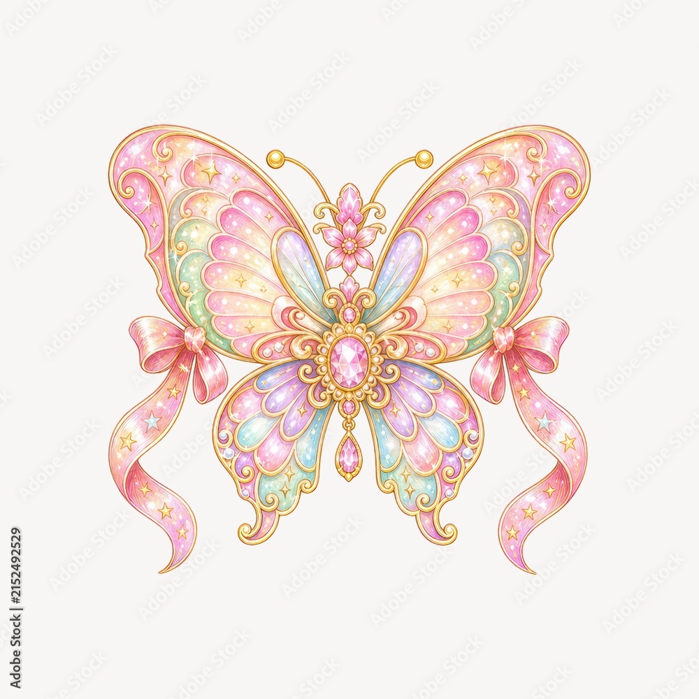 Fototapeta premium Pastel jeweled butterfly illustration with ornate gold details