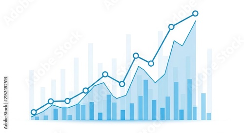 Blue line graph showing upward financial growth trend with vertical bar charts on white background