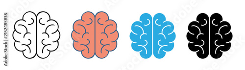 Minimalist human brain icon set, flat vector brain symbols in black and blue, mental health and neurology graphics for medical design