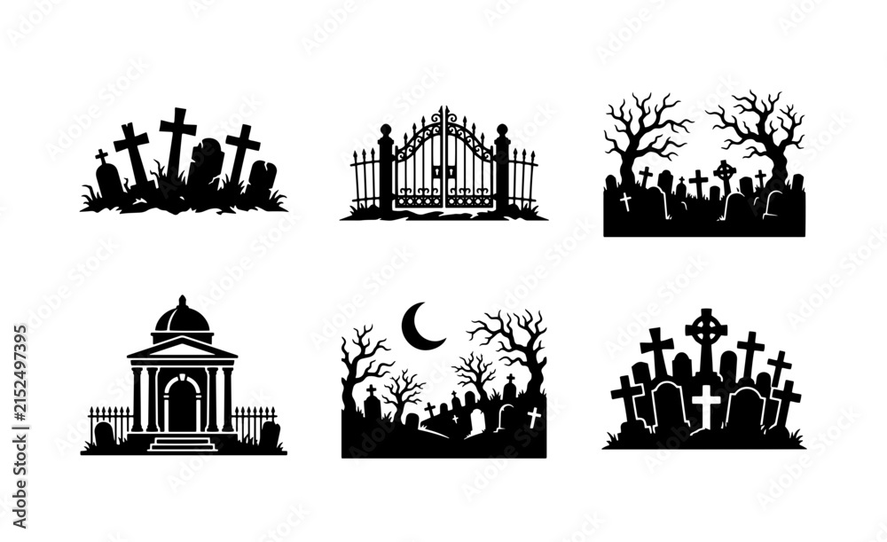 Fototapeta premium 70 Spooky Halloween Cemetery Silhouettes, Gothic Tombstones and Gates, Eerie Night Scenes Vector Set 100