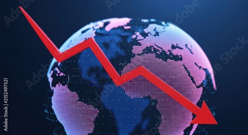 Red arrow pointing down over a digital earth globe representing economic decline and crisis