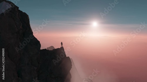 Majestic Mountain Sunrise with a Lone Adventurer on the Peak, a 3D Rendered Vista