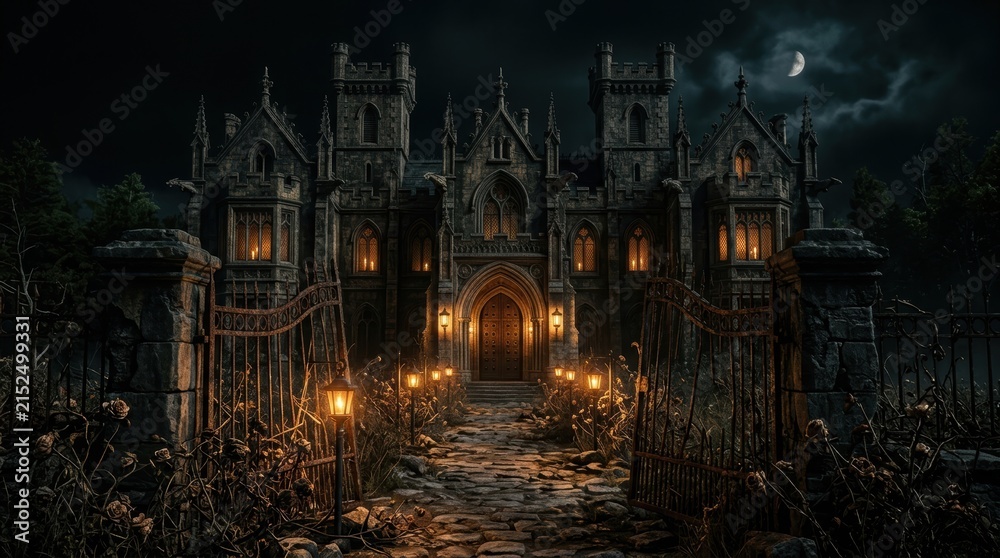 Fototapeta premium Spooky gothic mansion entrance at night with eerie moonlight and flickering lanterns