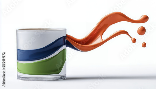 Vibrant paint splashes elegantly flow from a clear glass, showcasing a dynamic mix of orange, blue, and green colors