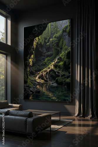 Wall art of a mossy cave near a water body in a modern living room during daylight