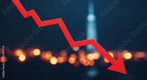 Red zigzag line graph showing financial downturn over a blurred city night lights background