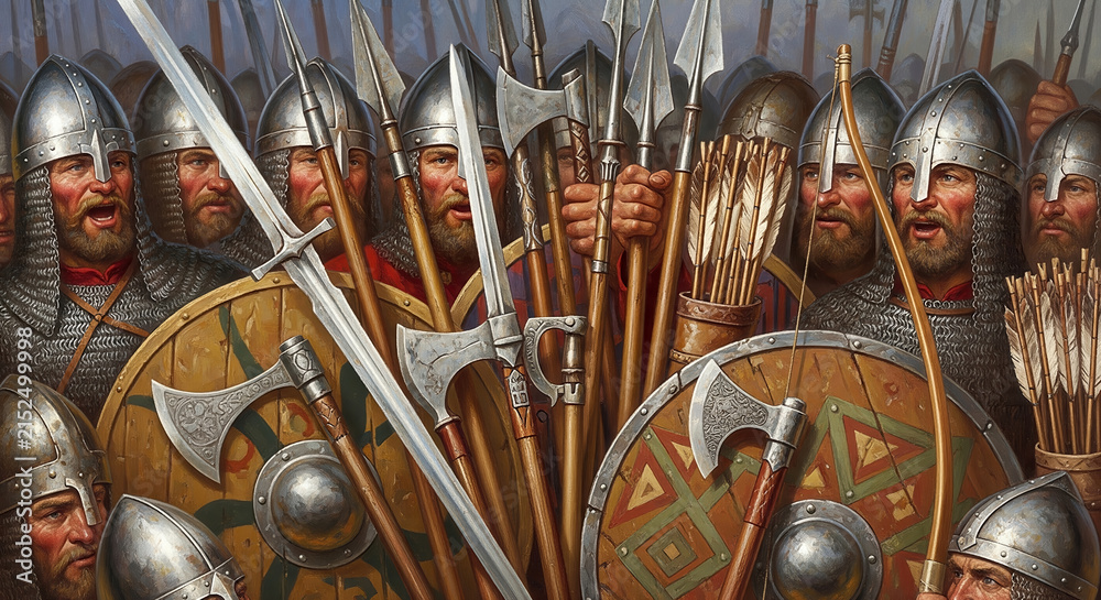 Obraz premium A medieval army is ready for battle, warriors equipped with spears, swords, shields, bows, and axes, demonstrating their preparedness for combat