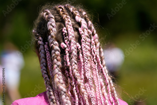 Obraz na plátně Close-up of colorful braided hair with pink and orange paint outdoors