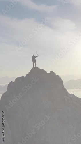 3D Rendered Climber Celebrating Adventure and Achievement on a Majestic Mountain Peak