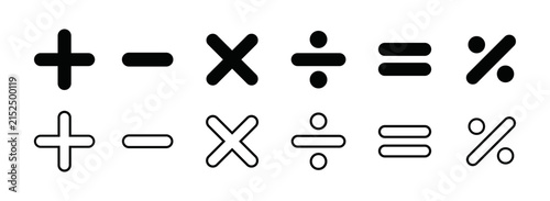 Math operators icon set with arithmetic symbols in Solid and outline style. Calculation sign icons for calculators, education and finance