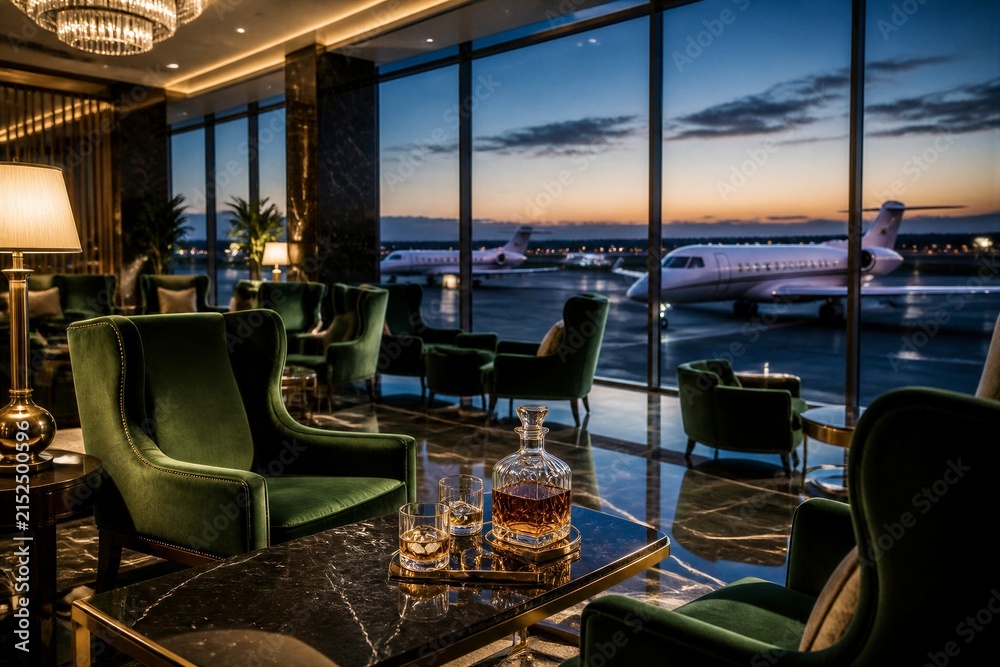Fototapeta premium Airport lounge seating with whiskey decanter overlooking runway at dusk