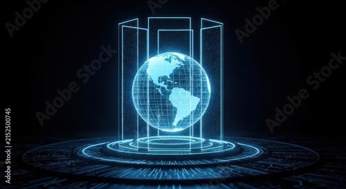 Glowing blue digital earth hologram inside vertical light frames on a dark circular platform