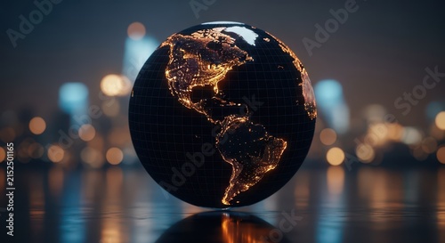 Glowing earth globe with city lights at night and blurred urban background, on reflective surface